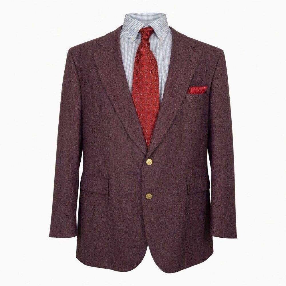 Luxury Sport Coat Men’s 46 Wool Blend Maroon Purple Blazer Gold Button USA Made